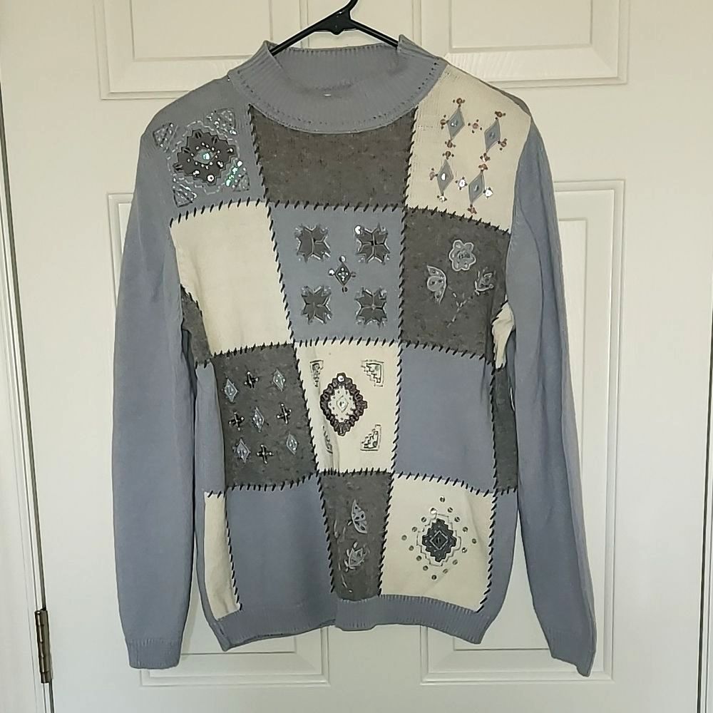 Vintage Alfred Dunner Winter Holiday Patchwork Sweater Size M w/Shoulder Pads